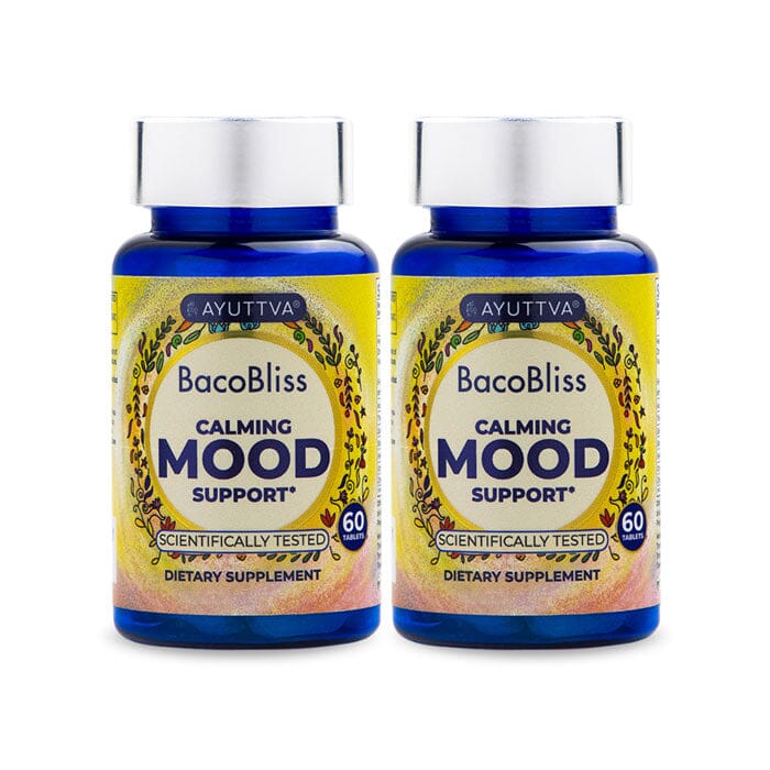 BacoBliss I Scientifically Tested Mood Support Formula I With 10+ powerful ingredients like Mucuna pruriens, Bacopa monnieri, 5-HTP and more for Calm, Relaxation and Occasional Stress Relief - Pack of 2 Supplements Ayuttva