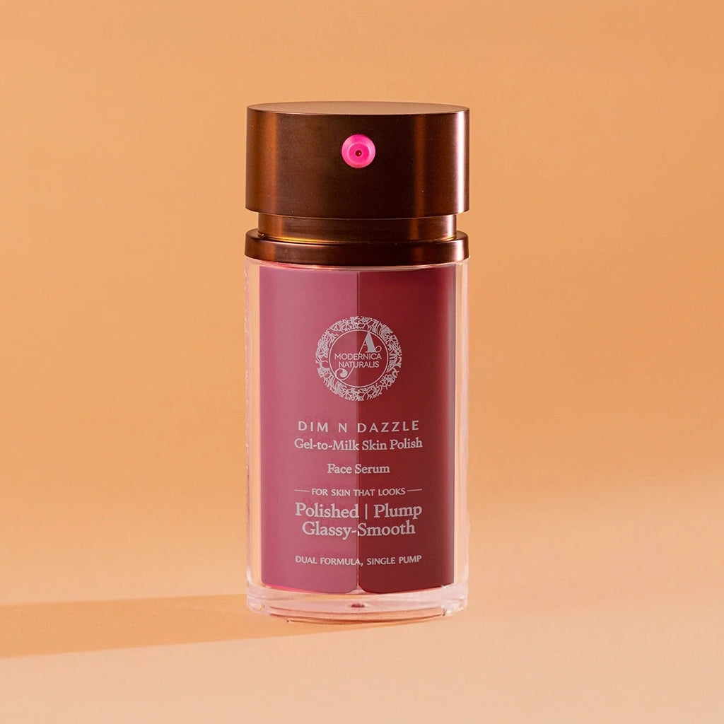 Dim N Dazzle Gel-to-Milk Skin Polish Face Serum – Even-tones and Plumps for Glassy, Polished looking skin – Enriched with Banafsha and Western Dock Plant – Best Double Serum for Polished, Plumped, Glassy-Smooth Skin Serum A Modernica Naturalis
