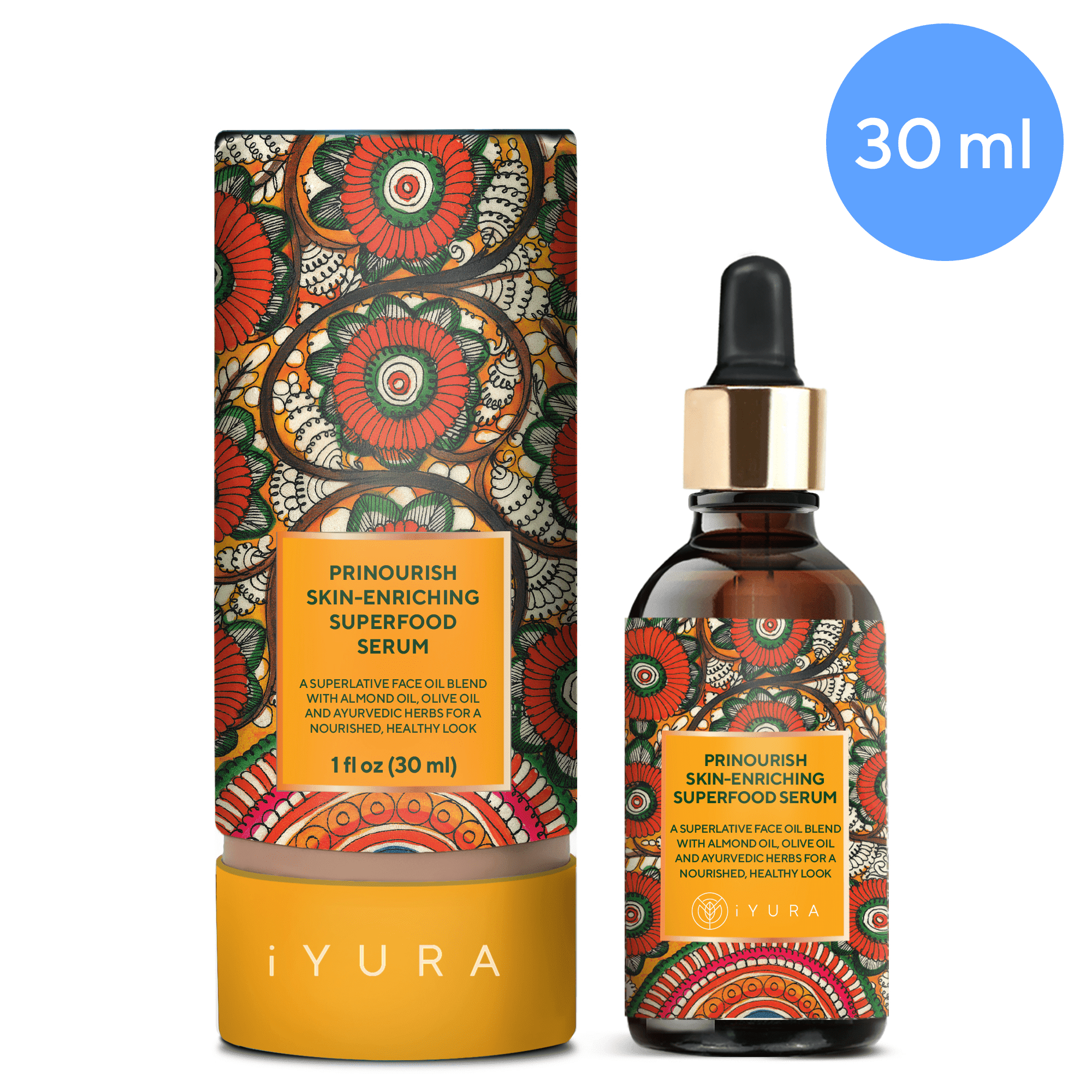 Prinourish Skin-Enriching Superfood Serum - With Almond Oil, Olive Oil, Turmeric, Mango and More Ayurvedic Herbs - 30 ML Master Face oil iYURA