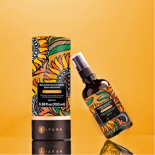 Balaayah Black Gram Body Booster: Body Massage Oil for Dry, Aging Skin - In 7 Different Indulging Aromas! Body Oil iYURA Sunshine: with Sweet Orange & Floral Ylang-Ylang 