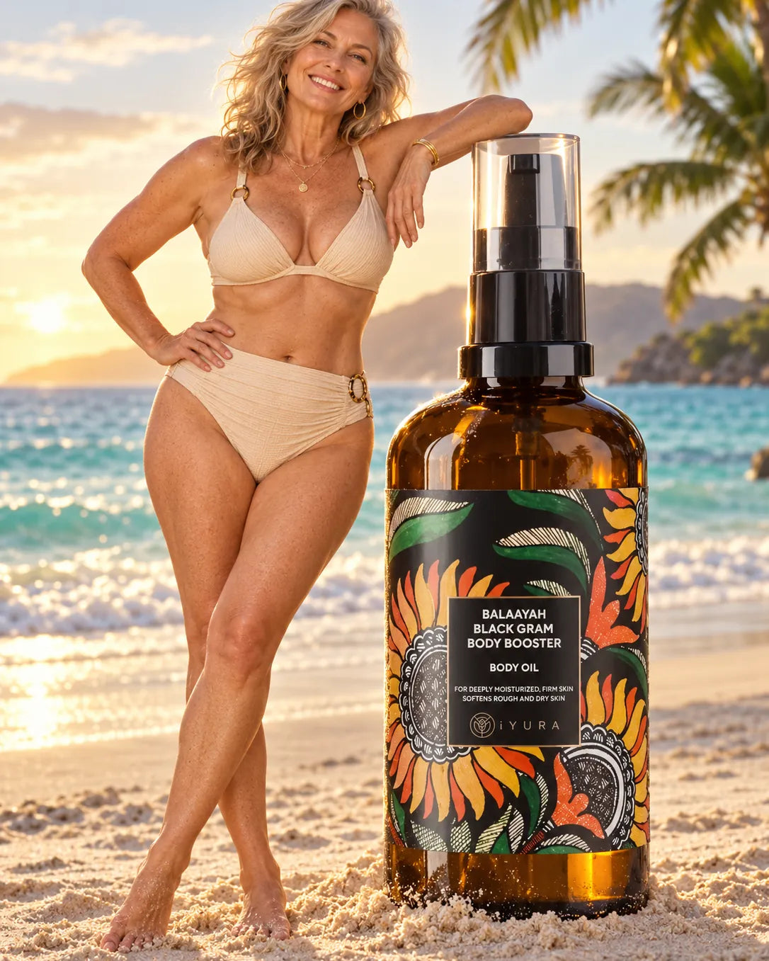 Woman in her 50s on the beach with Balaayah Black Gram Body Booster
