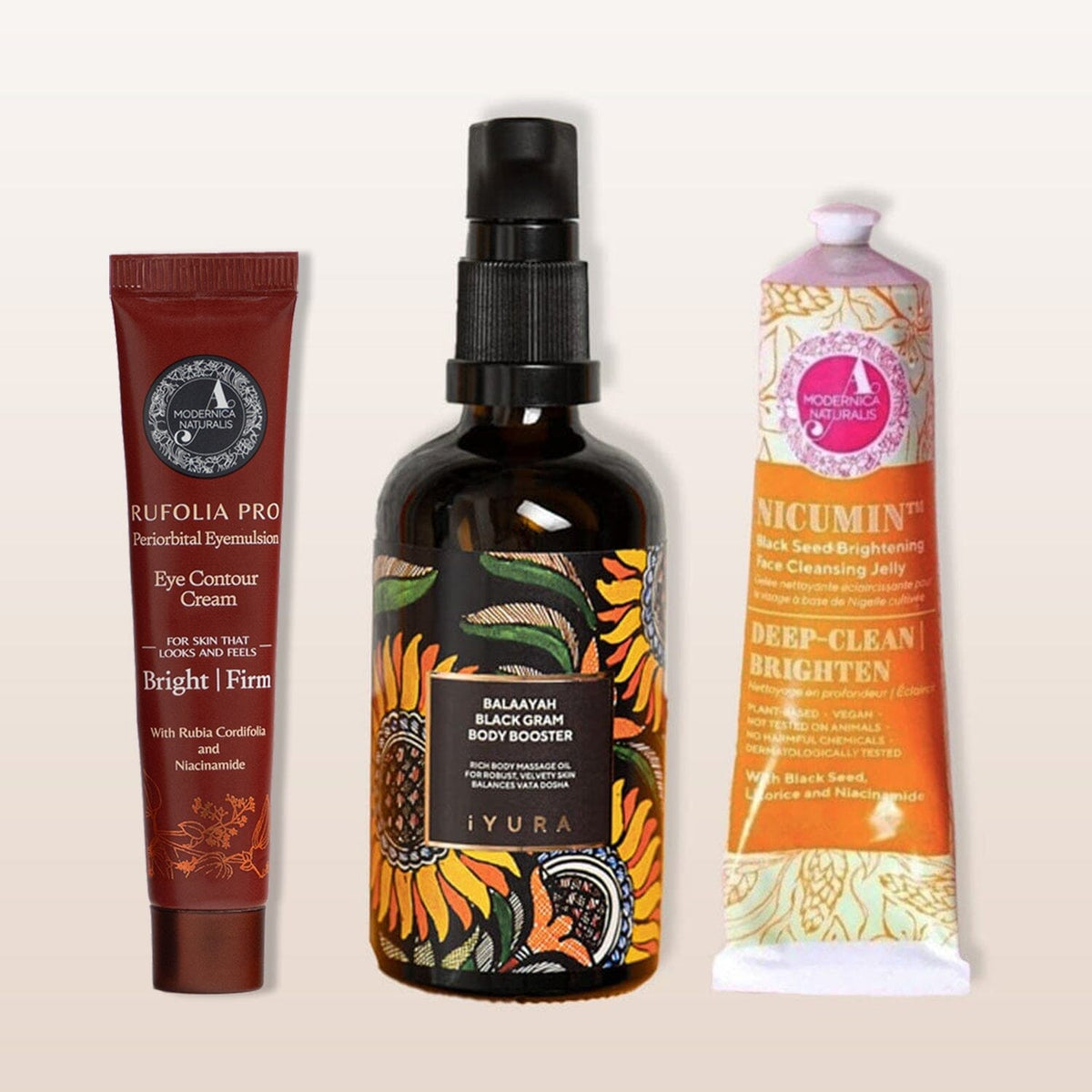 Brightening and Firming Bestsellers Bundle - With a skin-firming body oil, around-the-eye skin firming cream and a skin-brightening face wash - Pro Beauty set The Ayurveda Experience 