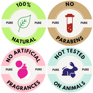 Badges for 100% Natural, No Parabens, No Artificial Fragrances & Not Tested On Animals