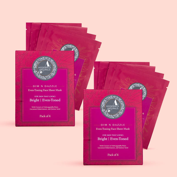 Dim N Dazzle Even-Toning Face Sheet Mask – Brightens, Hydrates Dull, Dry, Aging Textured Skin - Unique ‘Serum-Drench Method’ with Sappan Wood Bark & Manjistha – Best Banana Fiber Sheet Mask for Glowing, Glass-Like Skin - Pack of 2