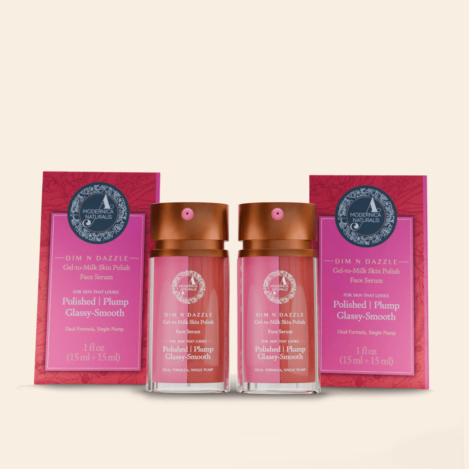 Dim N Dazzle Gel-to-Milk Skin Polish Face Serum – Even-tones and Plumps for Glassy, Polished looking skin – Enriched with Banafsha and Western Dock Plant – Best Double Serum for Polished, Plumped, Glassy-Smooth Skin - Pack of 2 Serum A. Modernica Naturalis 