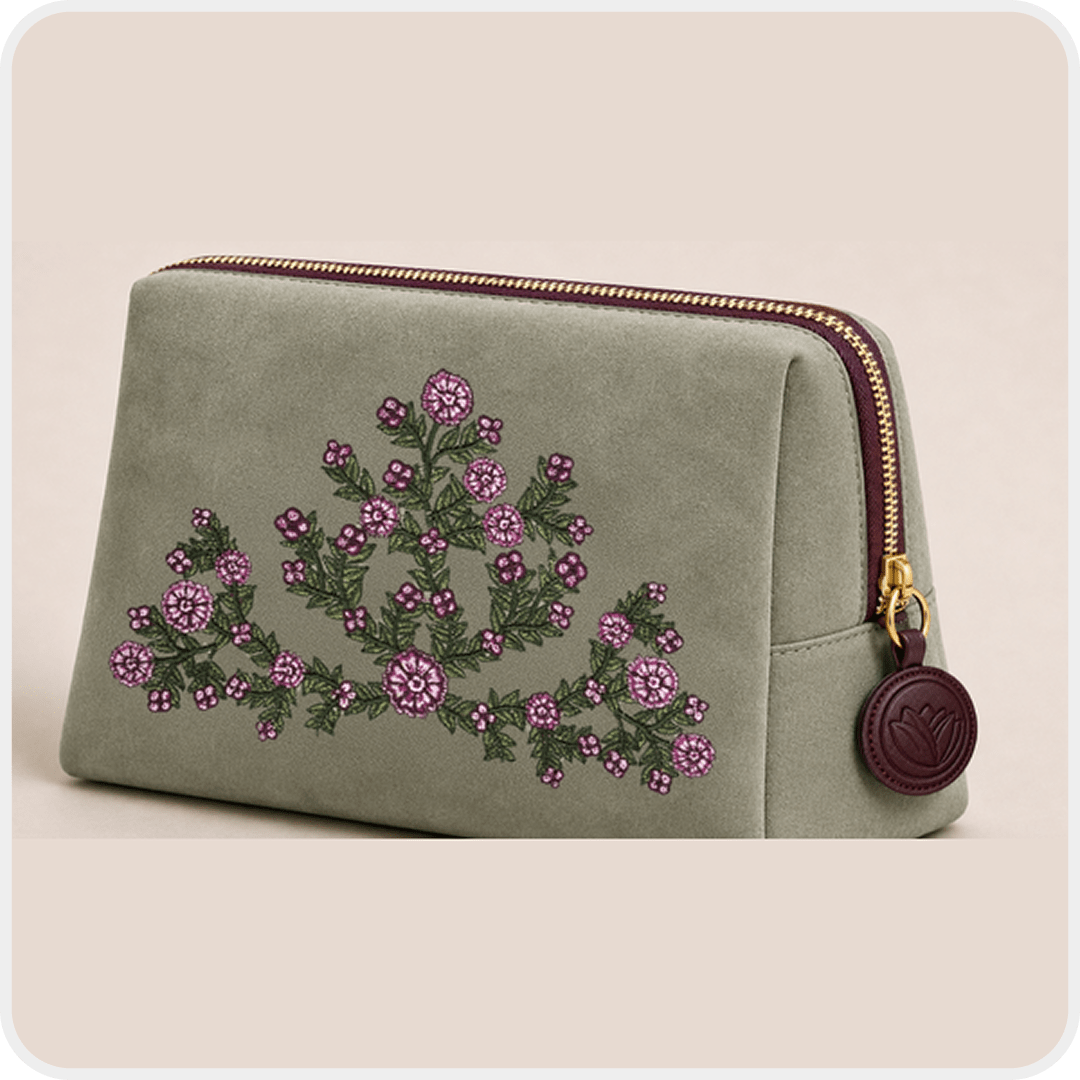 Embroidered pouch by Herbius: a grey-green velvet zip pouch embroidered with pink flowers and green leaves, with a dark red leather tag on the zip pull, on a beige background