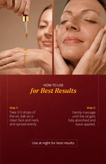Manjish Glow Night Time Elixir, how to use for best results: a woman dropping oil onto the back of her hand, then massaging her face. Step 1: Take 3-5 drops of the oil, dab on a clean face and neck, and spread evenly. Step 2: Gently massage until the oil gets fully absorbed and leave applied. Use at night for best results.