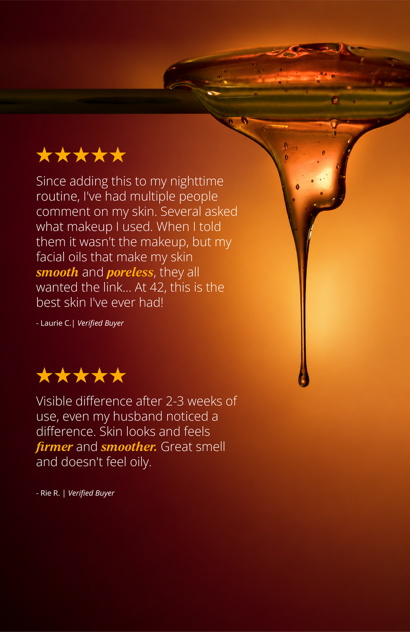 Manjish Glow Night Time Elixir, 5 stars: Laurie C. “Since adding this to my nighttime routine, I've had multiple people comment on my skin. Several asked what makeup I used. When I told them it wasn't the makeup, but my facial oils that make my skin smooth and poreless, they all wanted the link… At 42, this is the best skin I've ever had!” Rie R. “Visible difference after 2-3 weeks of use, even my husband noticed a difference. Skin looks and feels firmer and smoother. Great smell and doesn't feel oily.”