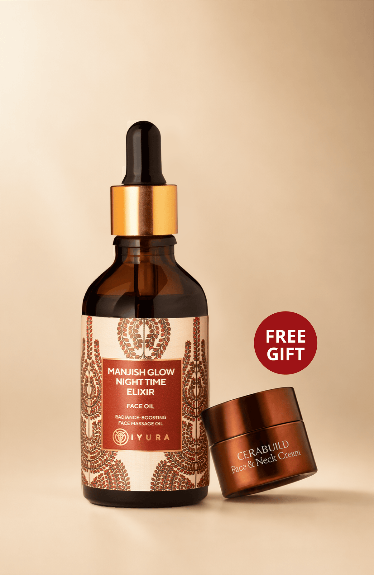 Manjish Glow Night Time Elixir dropper bottle with a Cerabuild Face & Neck Cream jar marked FREE GIFT