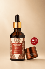 Manjish Glow Night Time Elixir dropper bottle with a Cerabuild Face & Neck Cream jar marked FREE GIFT