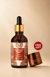 Manjish Glow Night Time Elixir dropper bottle with a Cerabuild Face & Neck Cream jar marked FREE GIFT