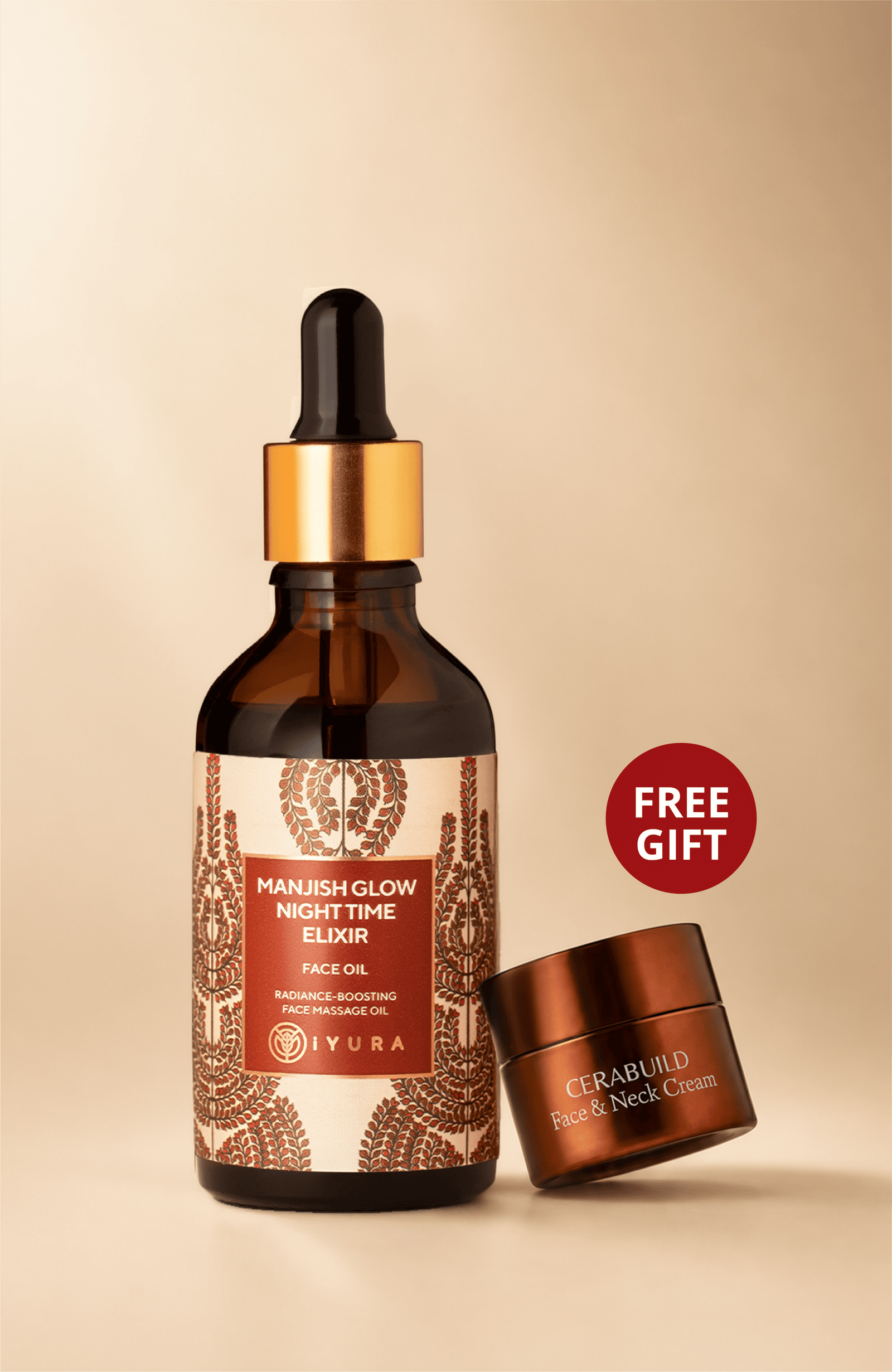 Manjish Glow Night Time Elixir Ayurvedic night-time face oil by iYURA, a natural moisturizer for healthy skin, 1.69 fl oz (50 ml): the dropper bottle and its tube on a white background