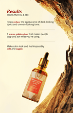 Manjish Glow Night Time Elixir results you can feel & see, with the bottle against tree bark. Helps reduce the appearance of dark-looking spots and uneven-looking tone. A warm, golden glow that makes people stop and ask what you’re using. Makes skin look and feel impossibly soft and supple.