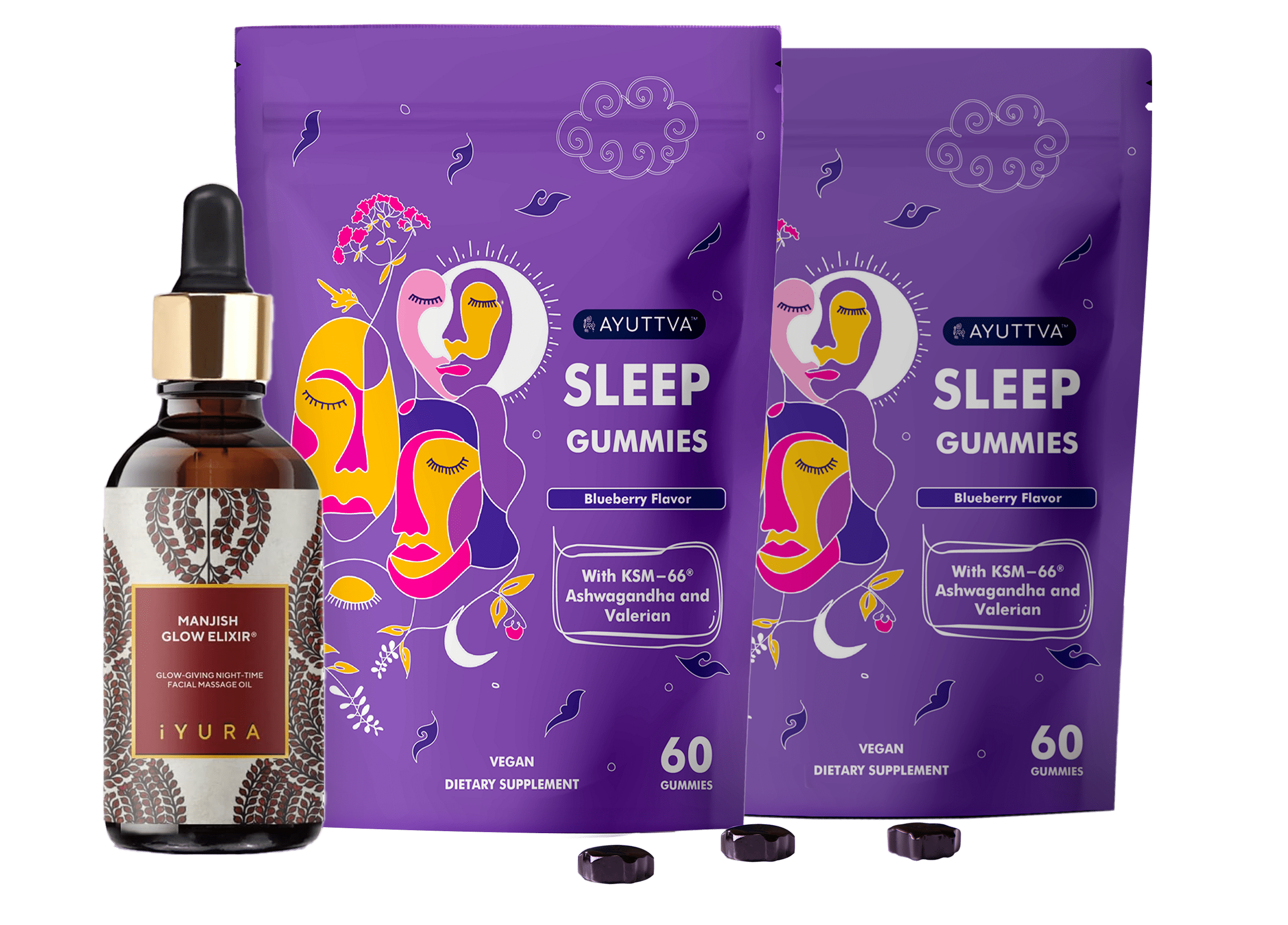 Nighttime Retreat Bundle for Women - Sleep gummies (Pack of 2) + Manjish Glow Elixir - Ayurvedic Night-Time Face Oil Beauty set The Ayurveda Experience 