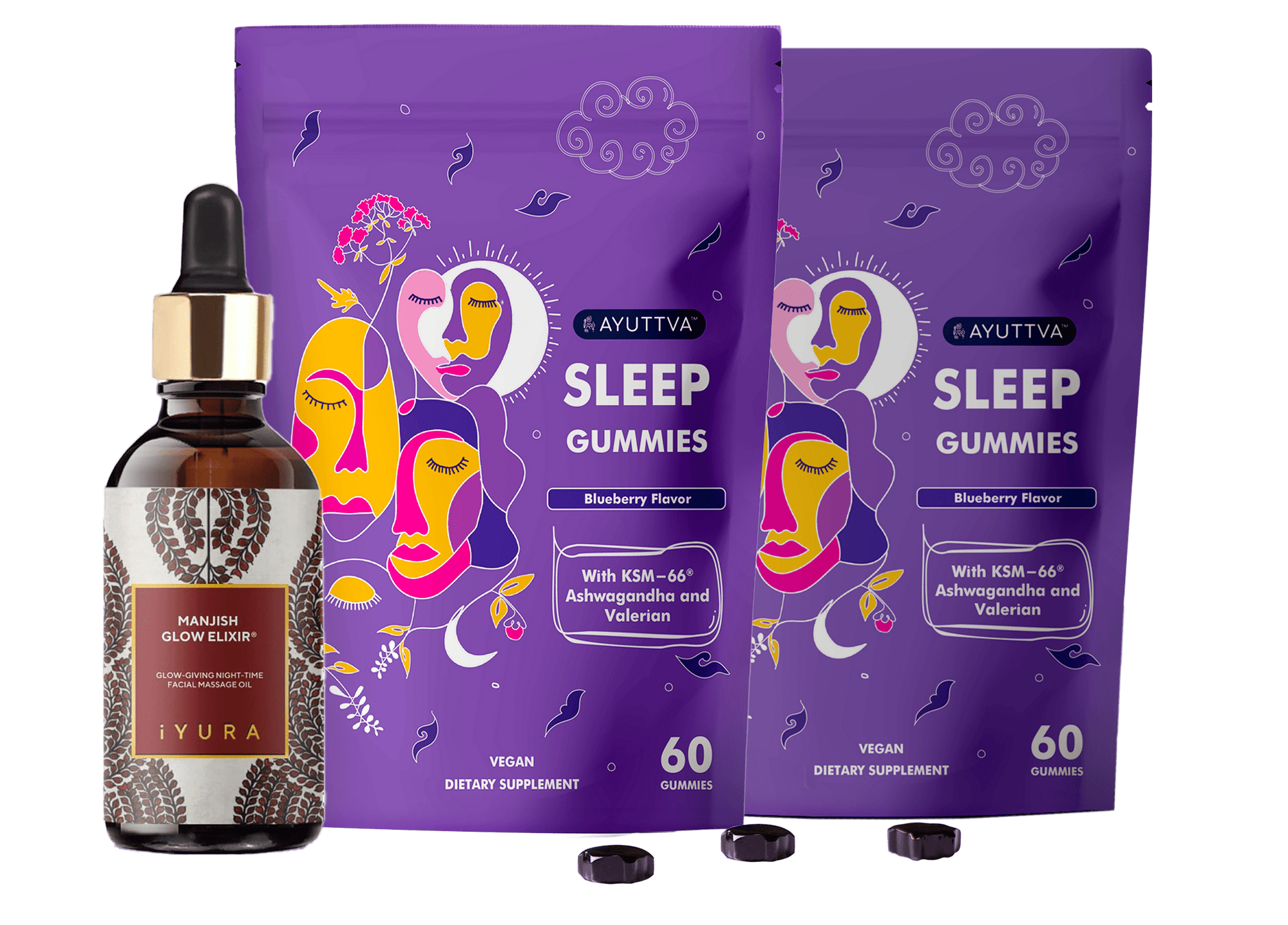 Nighttime Retreat Bundle for Women - Sleep gummies (Pack of 2) + Manjish Glow Elixir - Ayurvedic Night-Time Face Oil Beauty set The Ayurveda Experience 