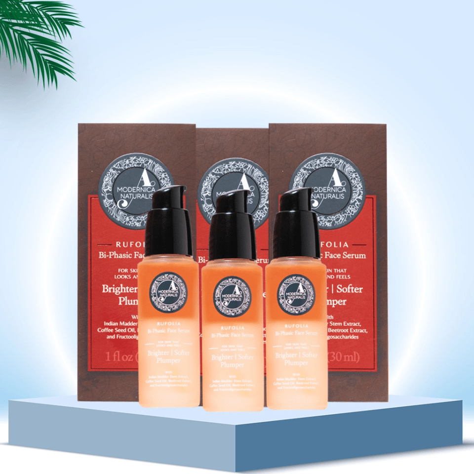 Rufolia Bi-Phasic Face Serum – Brightens, Softens and Plumps Dull, Crepey, Aging Skin – Water-Oil Hybrid Serum with Manjistha, Tomato, Coffee Seed & Plant-based Squalane – Best Bi-Phasic Face Serum For Mature Skin - Pack of 3 Face Serum A Modernica Naturalis 