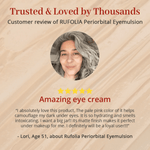 Rufolia Periorbital Eyemulsion customer review. Trusted & Loved by Thousands. A photo of the reviewer and 5 stars: “Amazing eye cream.” “I absolutely love this product. The pale pink color of it helps camouflage my dark under eyes. It is so hydrating and smells intoxicating. I want a big jar!! Its matte finish makes it perfect under makeup for me. I definitely will be a loyal user!!!” Lori, Age 51.
