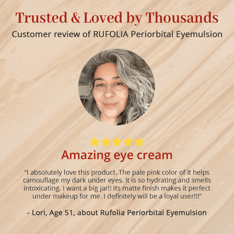 Rufolia Periorbital Eyemulsion customer review. Trusted & Loved by Thousands. A photo of the reviewer and 5 stars: “Amazing eye cream.” “I absolutely love this product. The pale pink color of it helps camouflage my dark under eyes. It is so hydrating and smells intoxicating. I want a big jar!! Its matte finish makes it perfect under makeup for me. I definitely will be a loyal user!!!” Lori, Age 51.