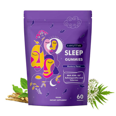 Sleep Gummies with KSM 66 Ashwagandha and Valerian Root for blissful sleep | Tasty Blueberry flavor Supplements Ayuttva