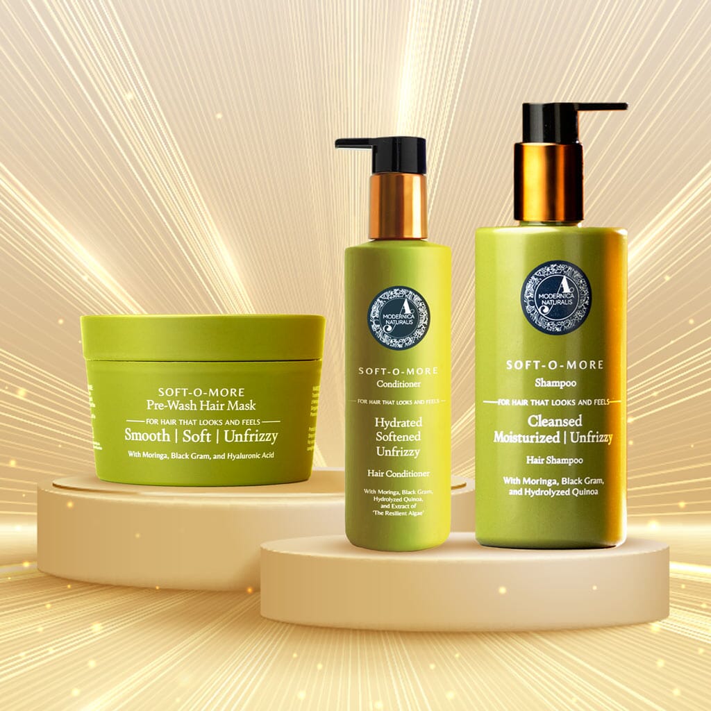 Soft-O-More 3-Step Hair Routine – Smooths, Softens, and Unfrizzes the look of Dry, Dull, Aging Hair – Ayurveda-Based Formula with Moringa and Black Gram – Best Shampoo, Conditioner and Hair Mask Routine For Mature Hair Hair Mask A Modernica Naturalis 