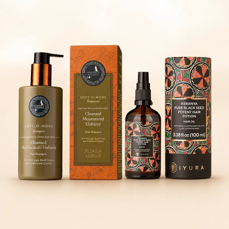 The Soak & Lather Duo – Keranya Scalp Soak + Soft-O-More Shampoo The Ayurveda Experience 