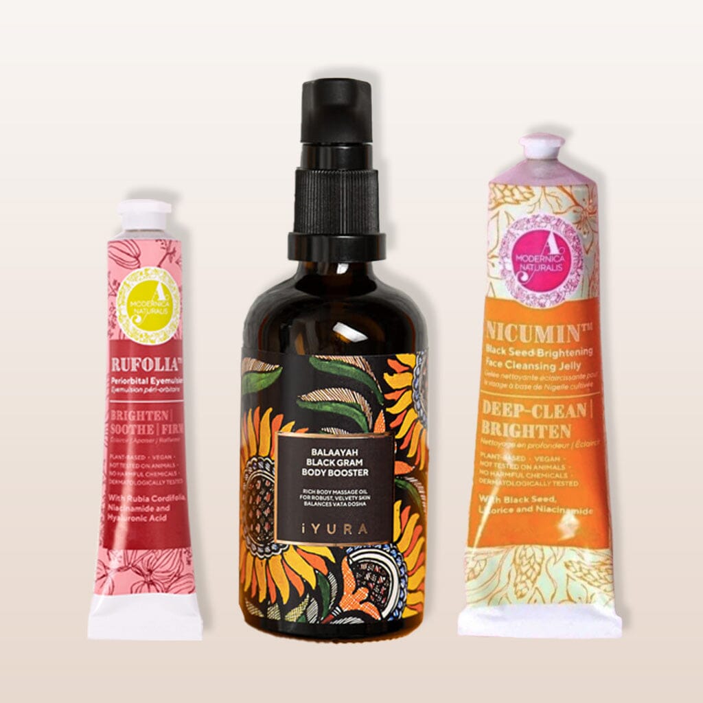 Brightening and Firming Bestsellers Bundle - With a skin-firming body oil, around-the-eye skin firming cream and a skin-brightening face wash Beauty set The Ayurveda Experience 