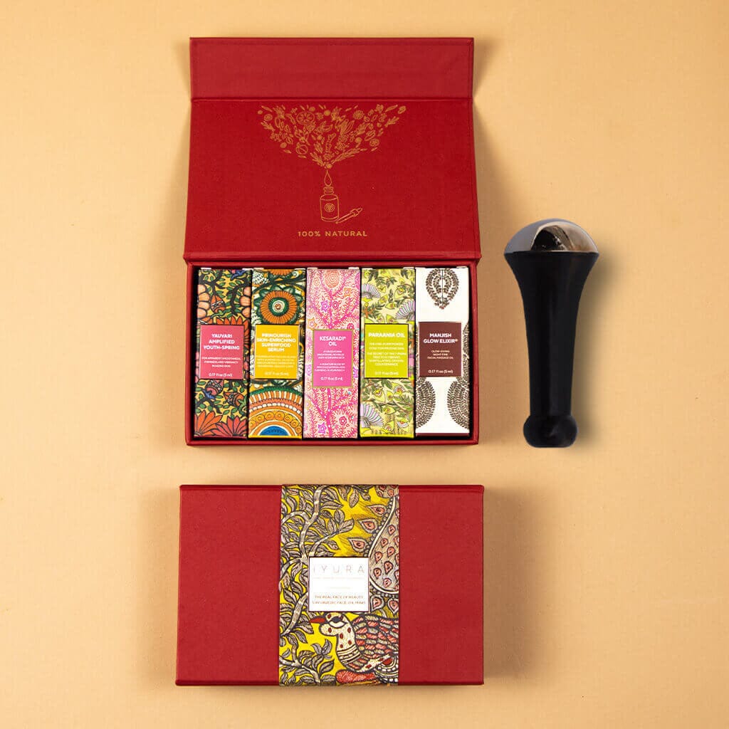 Mini Face Oil Kit with Kansa Face Wand - 5 Ayurvedic Face Oils with Facial Massage Tool Beauty set iYURA 