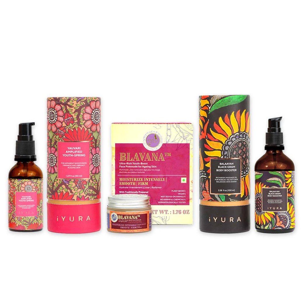The Ayurveda Experience Black Gram Edit - Face and Body Trio with 2 Aroma Options of Body Oil